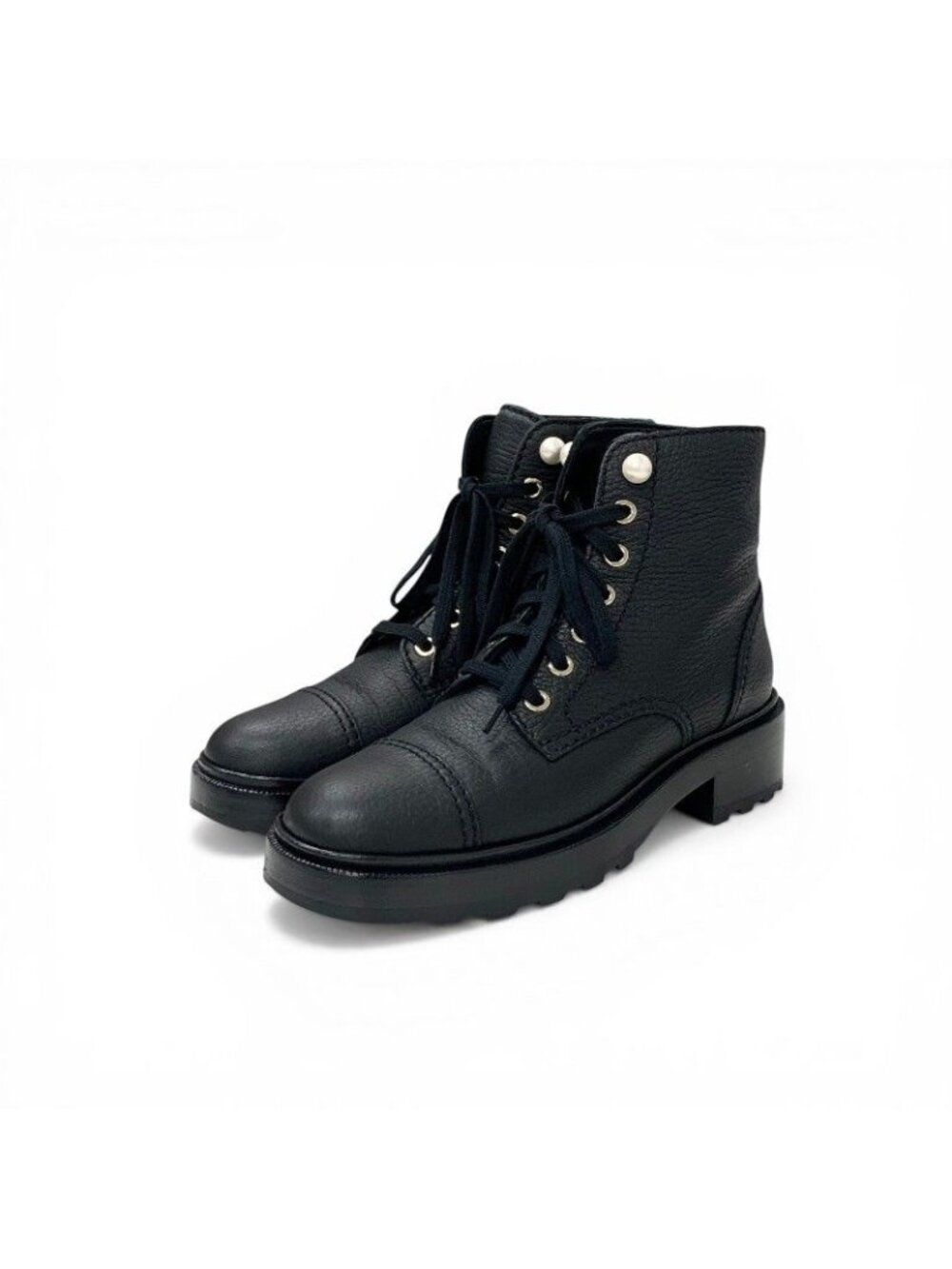 Chanel Boots Short Shoes Leather Black CC Logo Pearl Lace